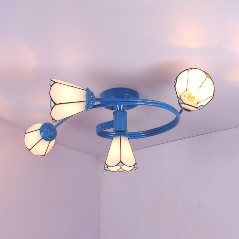 Mediterranean Style Blue Twig Half Ceiling Lamp with Colorful Glass and Radial Design - 4 Heads
