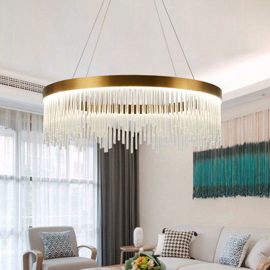 Modernist Crystal LED Brass Pendant Light - Tube Hanging Chandelier, Warm/White Light, 16"/23.5"/31.5" Wide