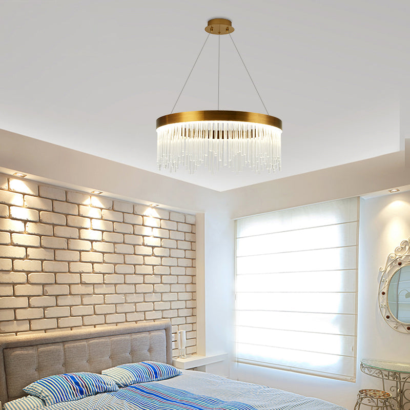 Modernist Crystal LED Brass Pendant Light - Tube Hanging Chandelier, Warm/White Light, 16"/23.5"/31.5" Wide