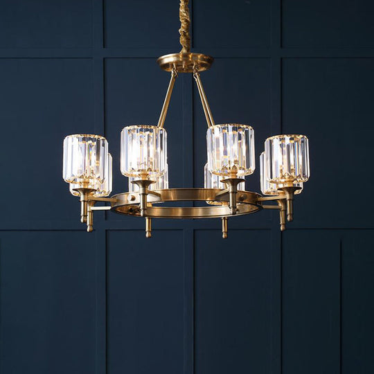 Modern Faceted Crystal Cylinder Chandelier Ceiling Pendant Light w/ 3/5/6 Bulbs in Brass Finish