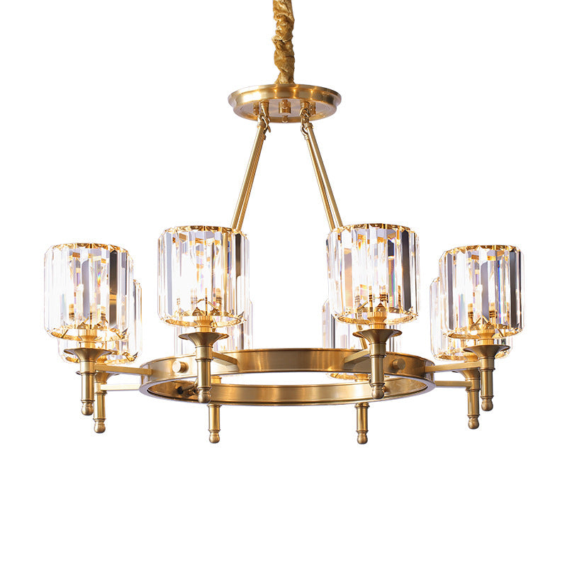 Modern Faceted Crystal Cylinder Chandelier Ceiling Pendant Light w/ 3/5/6 Bulbs in Brass Finish