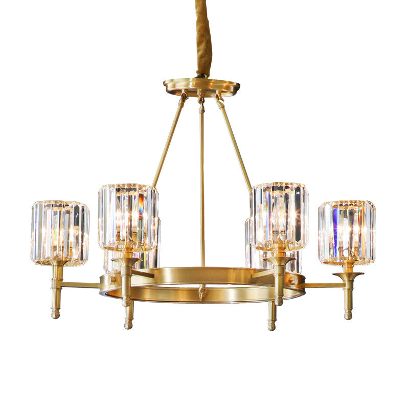 Modern Faceted Crystal Cylinder Chandelier Ceiling Pendant Light w/ 3/5/6 Bulbs in Brass Finish