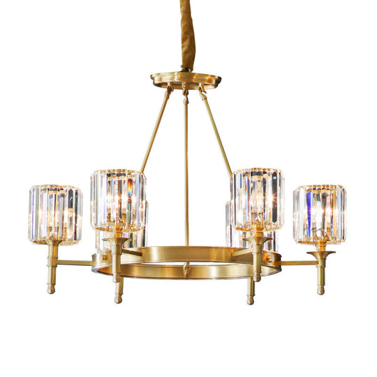Modern Faceted Crystal Cylinder Chandelier Ceiling Pendant Light w/ 3/5/6 Bulbs in Brass Finish
