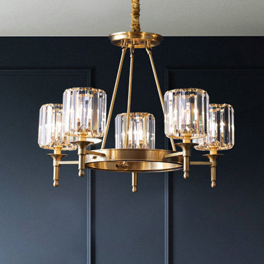 Modern Faceted Crystal Cylinder Chandelier Ceiling Pendant Light w/ 3/5/6 Bulbs in Brass Finish