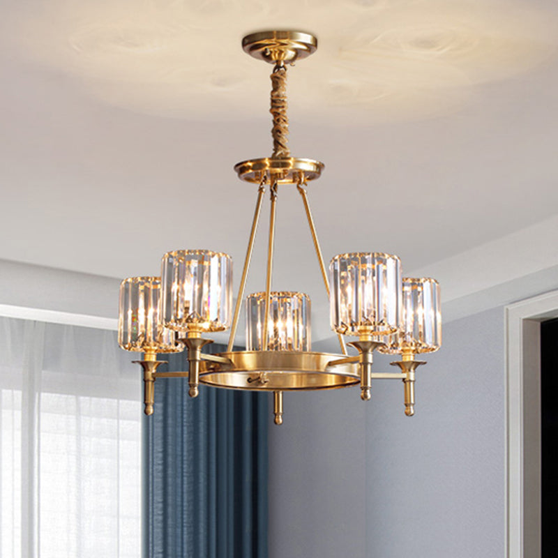 Modern Faceted Crystal Cylinder Chandelier Ceiling Pendant Light w/ 3/5/6 Bulbs in Brass Finish
