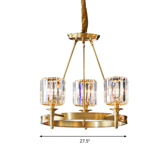 Modern Faceted Crystal Cylinder Chandelier Ceiling Pendant Light w/ 3/5/6 Bulbs in Brass Finish