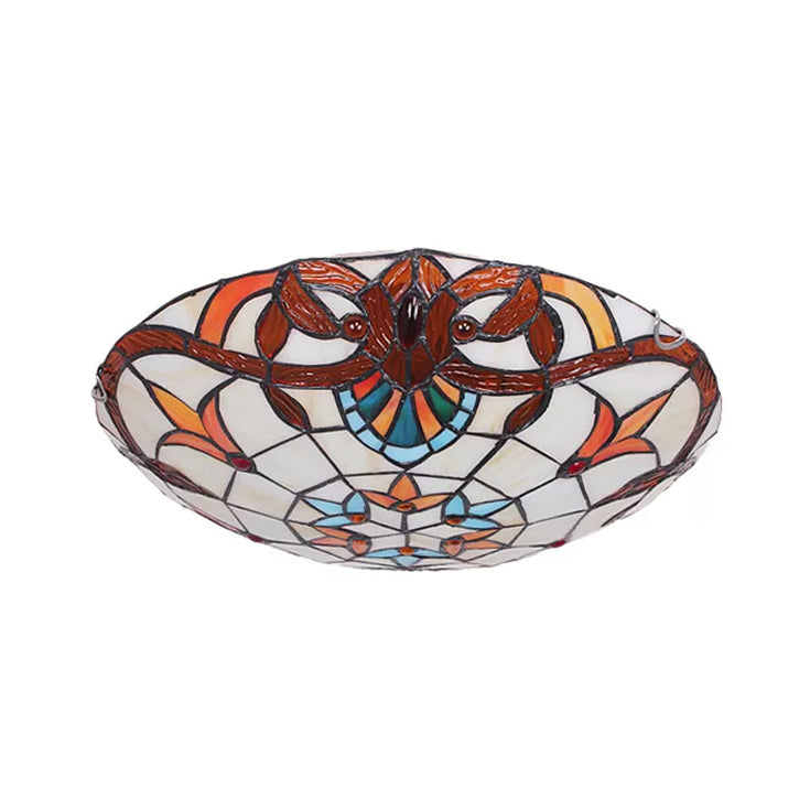 Baroque Stained Glass Ceiling Light with Jewel Decoration - Flush Mount Bowl Shade