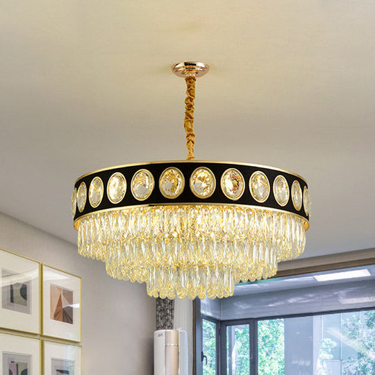 Postmodern Black & Gold 3-Tier Hanging Light Chandelier - 9/11 Heads, Crystal Blocks - 19.5"/23.5" Wide