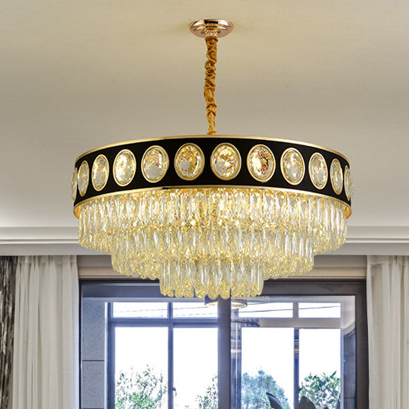 Postmodern Black & Gold 3-Tier Hanging Light Chandelier - 9/11 Heads, Crystal Blocks - 19.5"/23.5" Wide