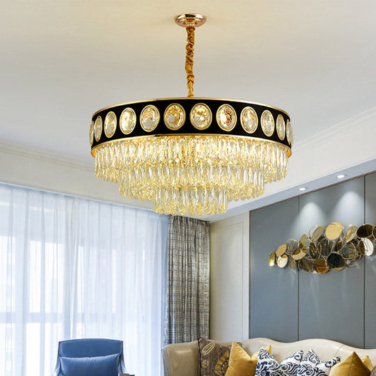 Postmodern Black & Gold 3-Tier Hanging Light Chandelier - 9/11 Heads, Crystal Blocks - 19.5"/23.5" Wide