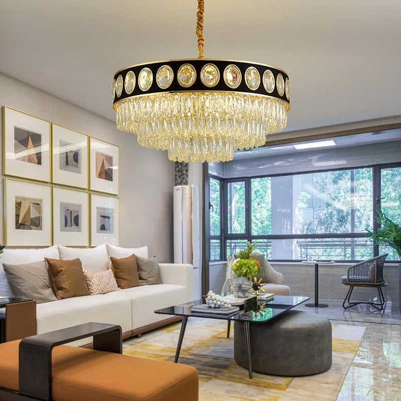 Postmodern Black & Gold 3-Tier Hanging Light Chandelier - 9/11 Heads, Crystal Blocks - 19.5"/23.5" Wide