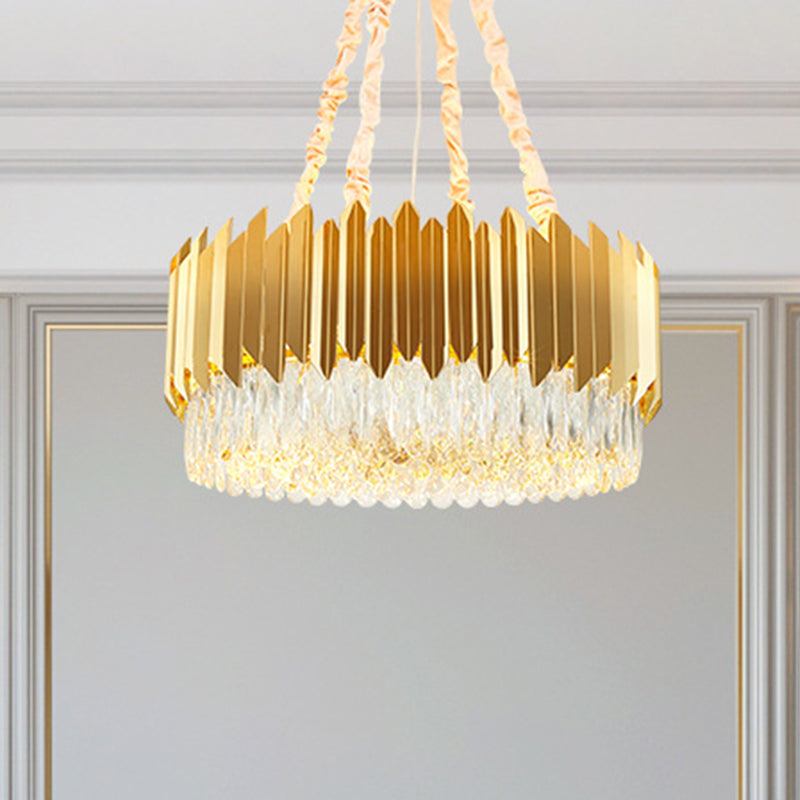 Gold Round Chandelier Lamp with Crystal Block Hangings - 19.5"/23.5" Width, Postmodern Design - 6/10 Heads