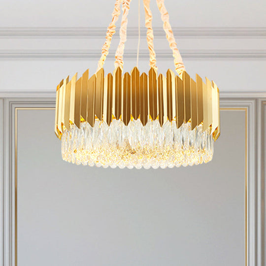 Gold Round Chandelier Lamp with Crystal Block Hangings - 19.5"/23.5" Width, Postmodern Design - 6/10 Heads