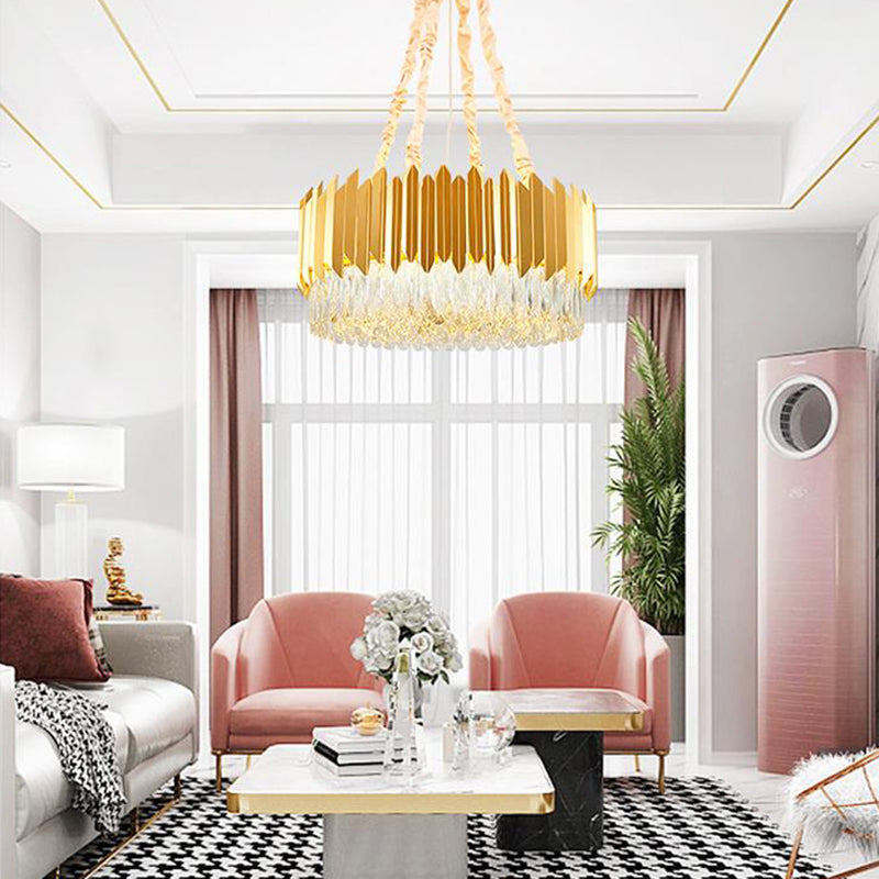 Gold Round Chandelier Lamp with Crystal Block Hangings - 19.5"/23.5" Width, Postmodern Design - 6/10 Heads