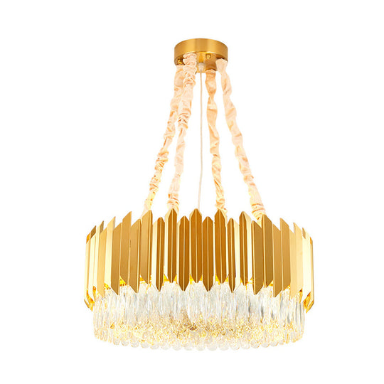 Gold Round Chandelier Lamp with Crystal Block Hangings - 19.5"/23.5" Width, Postmodern Design - 6/10 Heads