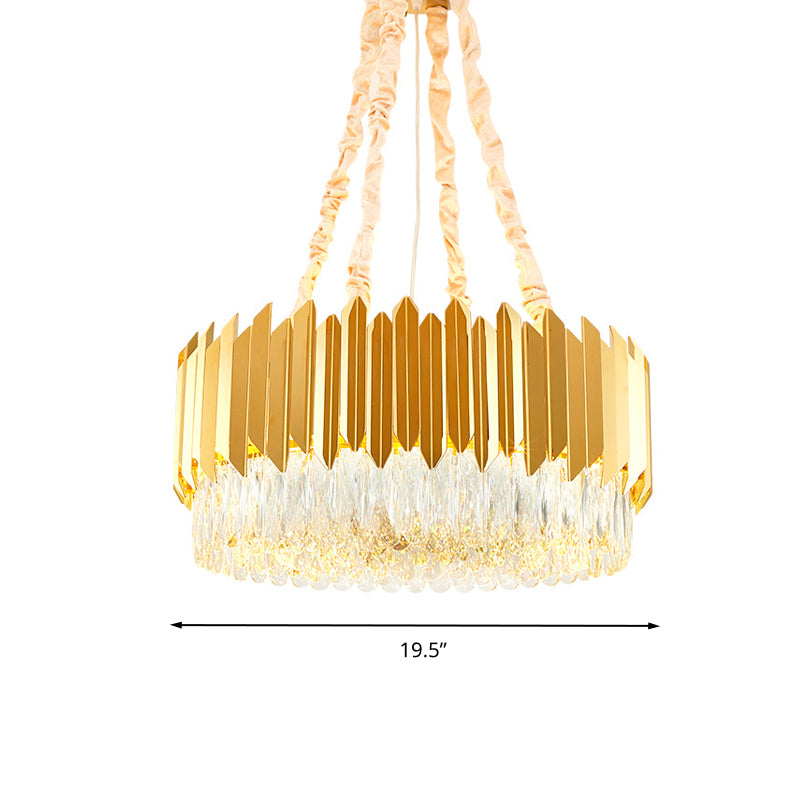 Gold Round Chandelier Lamp with Crystal Block Hangings - 19.5"/23.5" Width, Postmodern Design - 6/10 Heads