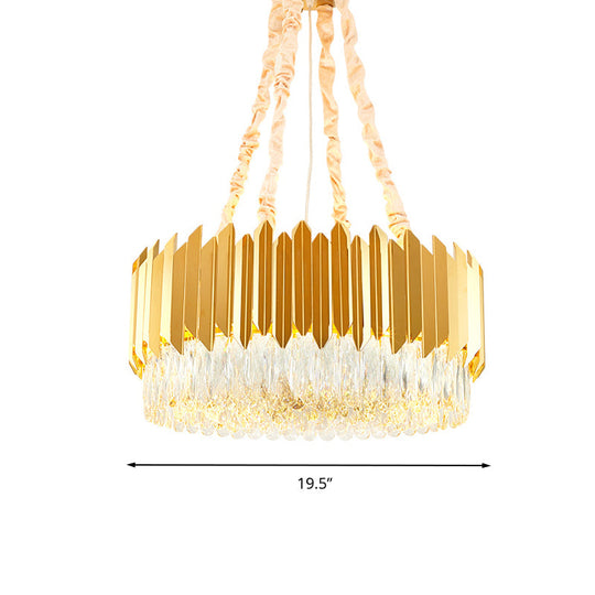 Gold Round Chandelier Lamp with Crystal Block Hangings - 19.5"/23.5" Width, Postmodern Design - 6/10 Heads