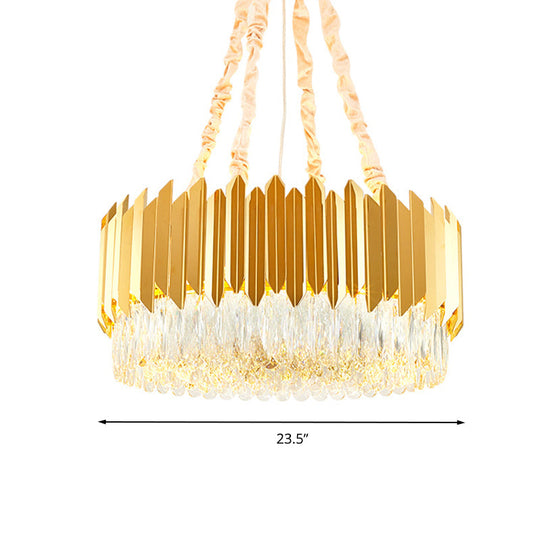 Gold Round Chandelier Lamp with Crystal Block Hangings - 19.5"/23.5" Width, Postmodern Design - 6/10 Heads