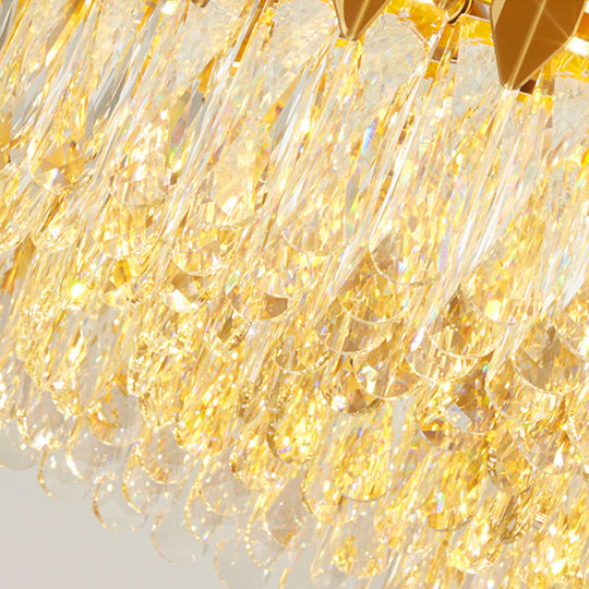 Gold Round Chandelier Lamp with Crystal Block Hangings - 19.5"/23.5" Width, Postmodern Design - 6/10 Heads