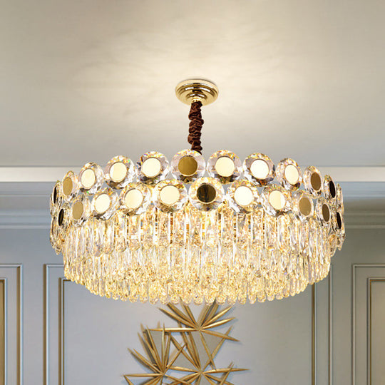 Contemporary Brass Drum Chandelier with Crystal Facets - 9-Light Hanging Pendant Ceiling Fixture