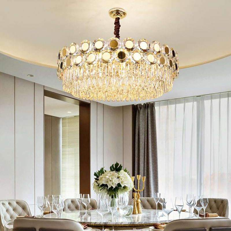 Contemporary Brass Drum Chandelier with Crystal Facets - 9-Light Hanging Pendant Ceiling Fixture