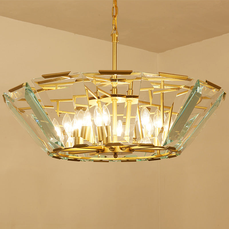 Gold Pendant Crystal Panel Chandelier - Postmodern Trifle Design, 6 Heads - Dining Room Light Fixture