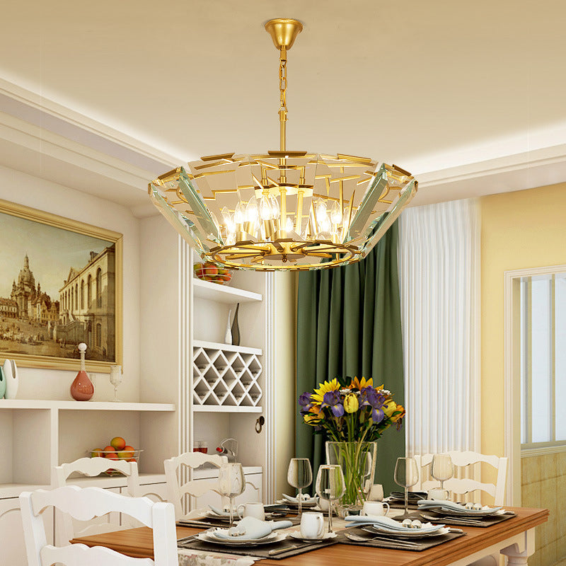 Gold Pendant Crystal Panel Chandelier - Postmodern Trifle Design, 6 Heads - Dining Room Light Fixture