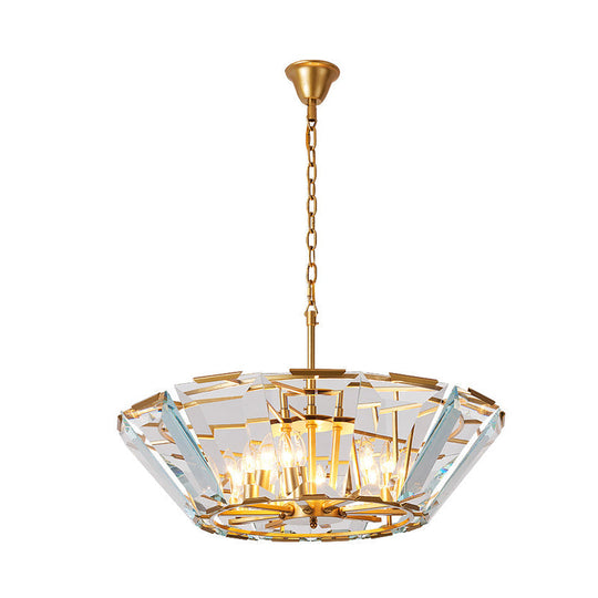 Gold Pendant Crystal Panel Chandelier - Postmodern Trifle Design, 6 Heads - Dining Room Light Fixture