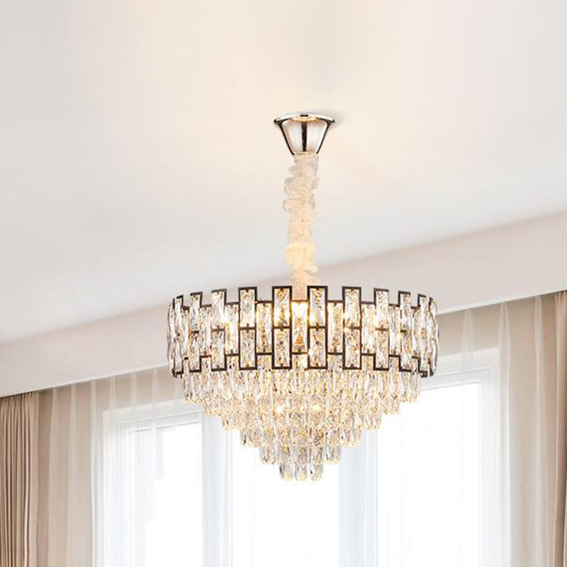 Modern Tapered Nickel Chandelier with Crystal Block, 6/10 Heads, 16"/19.5" Wide - Ceiling Hanging Light