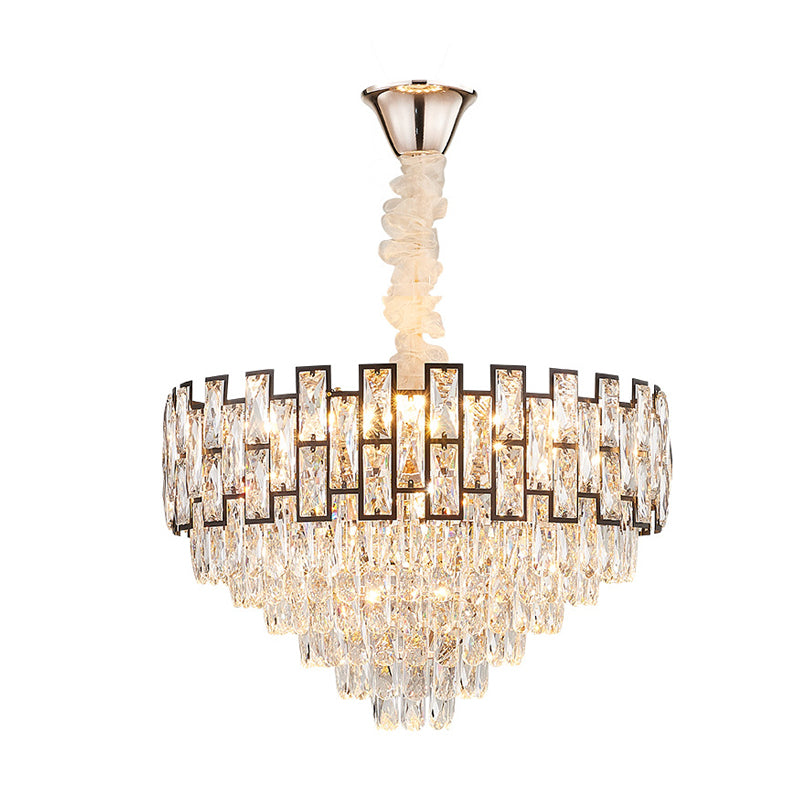 Modern Tapered Nickel Chandelier with Crystal Block, 6/10 Heads, 16"/19.5" Wide - Ceiling Hanging Light