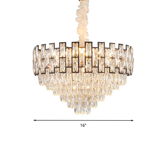 Modern Tapered Nickel Chandelier with Crystal Block, 6/10 Heads, 16"/19.5" Wide - Ceiling Hanging Light
