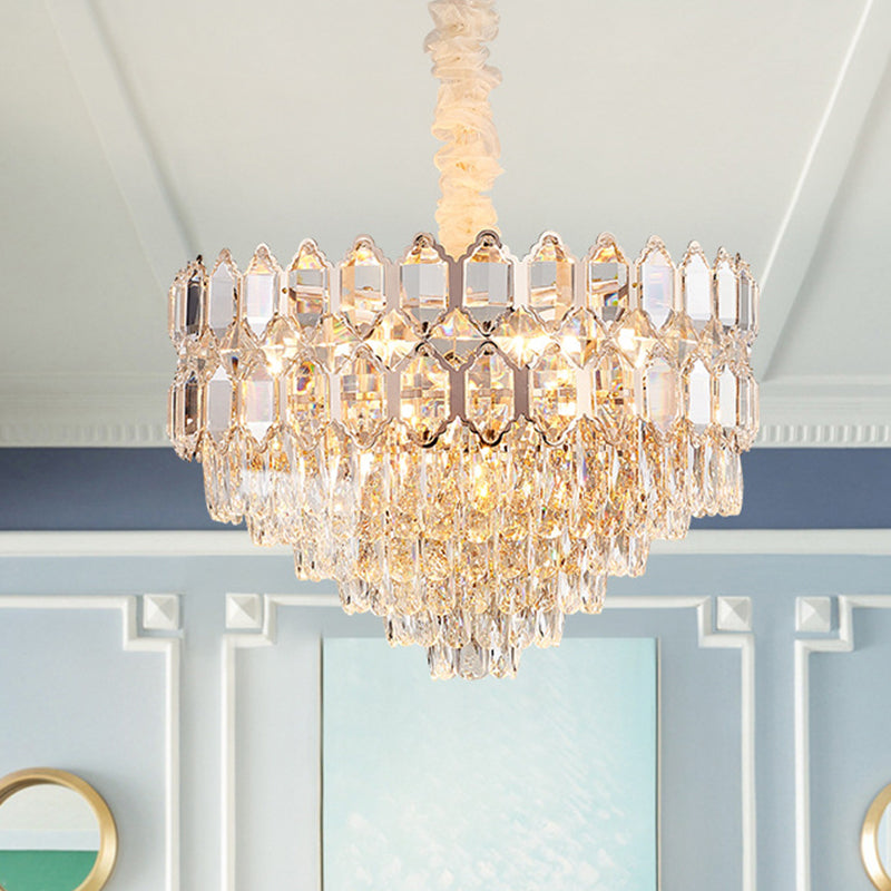 Modern Conical Pendant Lighting: K9 Crystal Chandelier, 6/8 Lights, Champagne, 16"/19.5" Wide