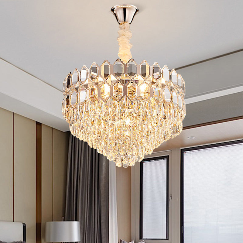 Modern Conical Pendant Lighting: K9 Crystal Chandelier, 6/8 Lights, Champagne, 16"/19.5" Wide