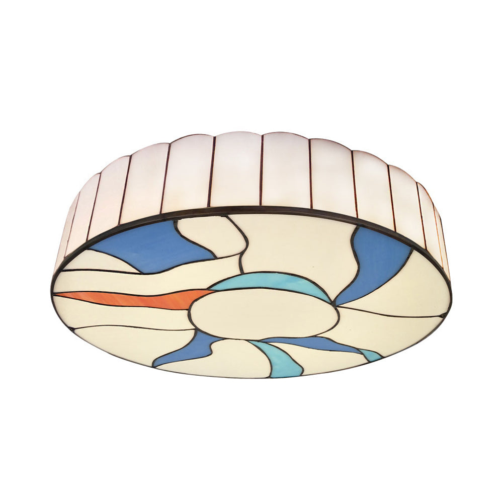 Stained Glass Flush Mount Ceiling Light in Modern Style - 16"/19.5" White Drum Shade for Living Room