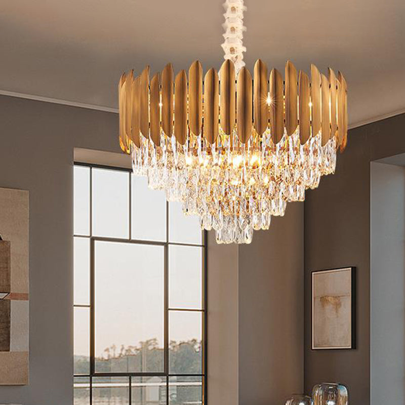 Postmodern Brass Chandelier Pendant Light - Faceted Crystal Cone Design - 6/10 Heads - 16"/19.5" Wide