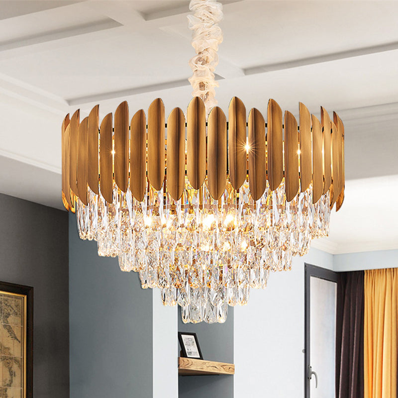 Postmodern Brass Chandelier Pendant Light - Faceted Crystal Cone Design - 6/10 Heads - 16"/19.5" Wide