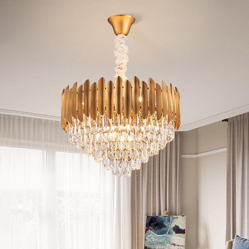 Postmodern Brass Chandelier Pendant Light - Faceted Crystal Cone Design - 6/10 Heads - 16"/19.5" Wide