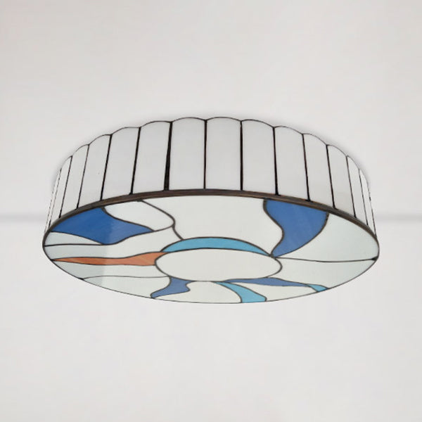 Stained Glass Flush Mount Ceiling Light in Modern Style - 16"/19.5" White Drum Shade for Living Room