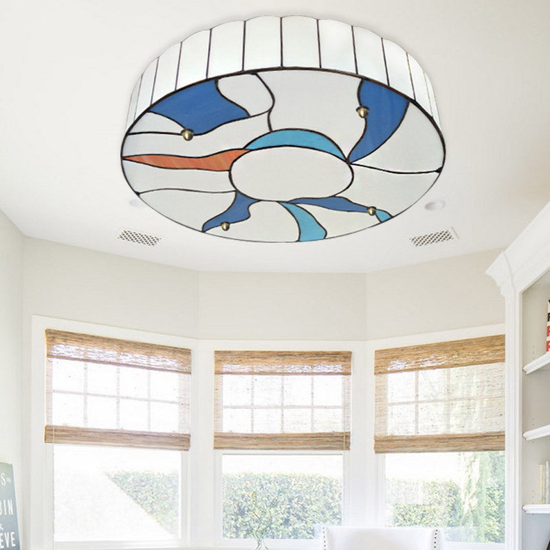 Stained Glass Flush Mount Ceiling Light in Modern Style - 16"/19.5" White Drum Shade for Living Room