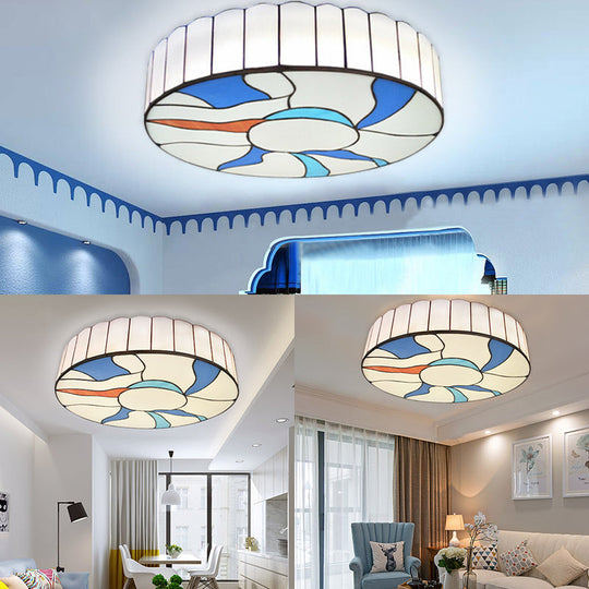 Stained Glass Flush Mount Ceiling Light in Modern Style - 16"/19.5" White Drum Shade for Living Room