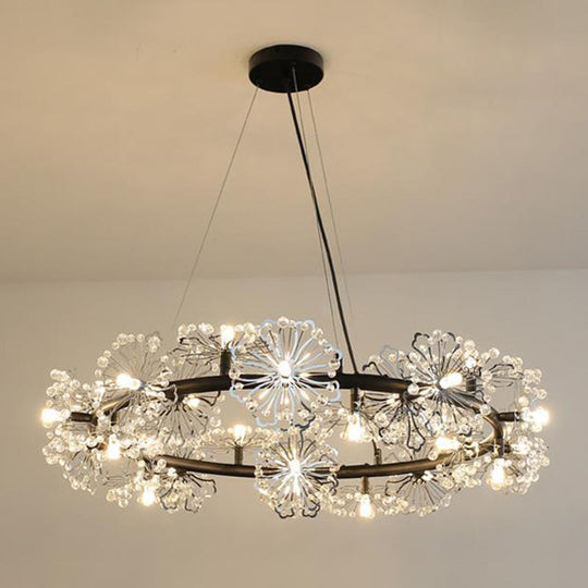 Contemporary 15-Head Crystal Beaded Chandelier Lamp: Flower Living Room Hanging Light in Black
