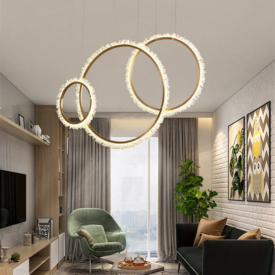 Modern Gold Loop Crystal Pendant Chandelier LED Hanging Lamp Kit with Three Width Options - Warm, White, Natural Light