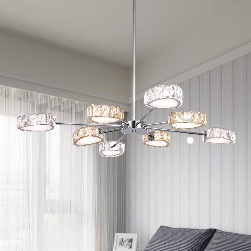 Simple Style Crystal Block Chandelier - 8 Light Triangle Ceiling Lamp in Chrome, Warm/White Lighting