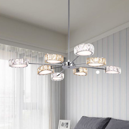 Simple Style Crystal Block Chandelier - 8 Light Triangle Ceiling Lamp in Chrome, Warm/White Lighting
