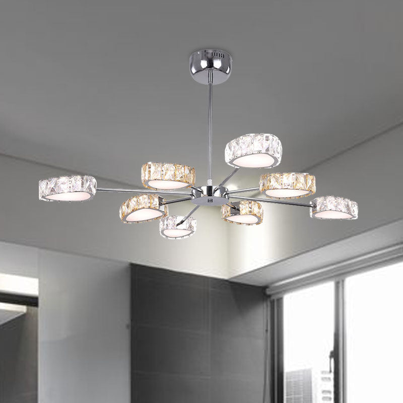 Simple Style Crystal Block Chandelier - 8 Light Triangle Ceiling Lamp in Chrome, Warm/White Lighting