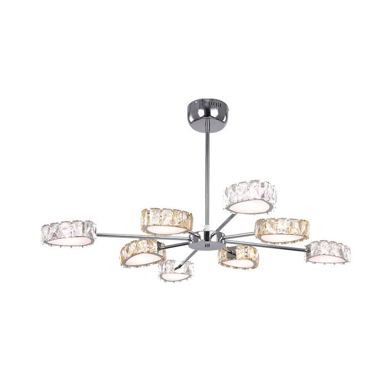 Simple Style Crystal Block Chandelier - 8 Light Triangle Ceiling Lamp in Chrome, Warm/White Lighting