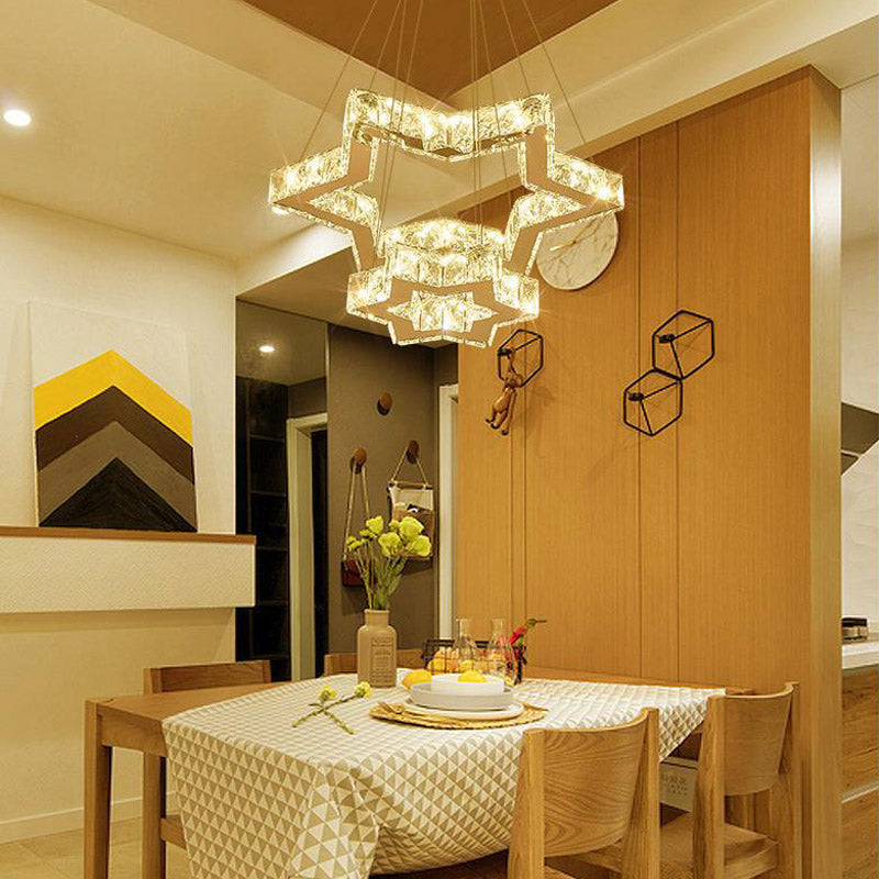 Stainless-Steel LED Ceiling Chandelier: Crystal Block Five-Pointed Star Hanging Light, Warm/White/3 Color Options