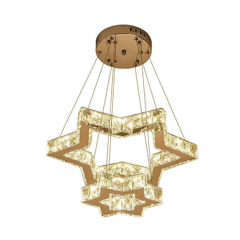 Stainless-Steel LED Ceiling Chandelier: Crystal Block Five-Pointed Star Hanging Light, Warm/White/3 Color Options