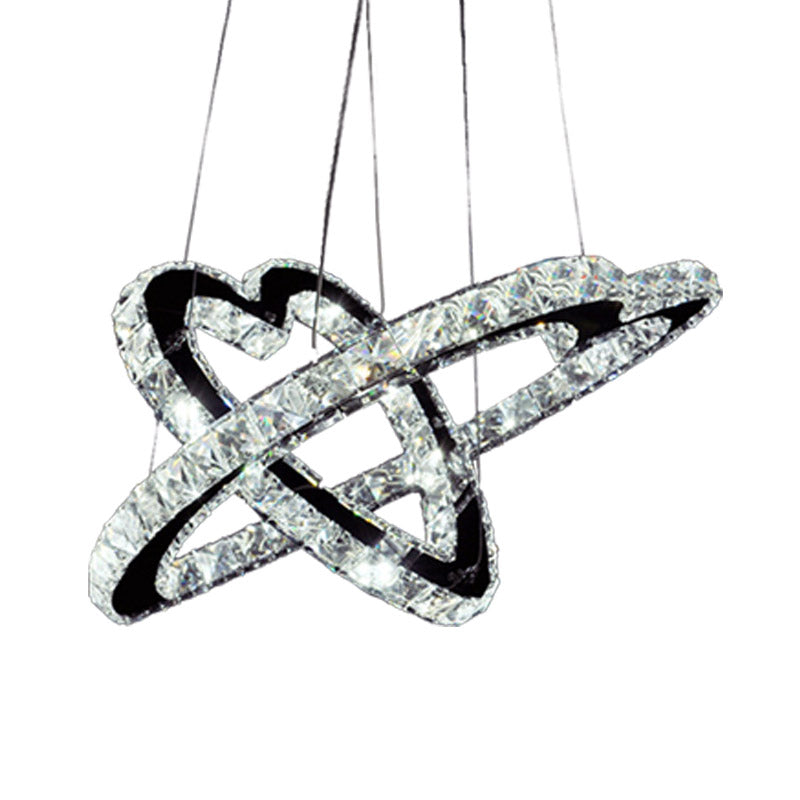 Modern K9 Crystal LED Chandelier Lamp - Heart Pendant Fixture, 14"/16" Wide, Stainless-Steel, Warm/White Light