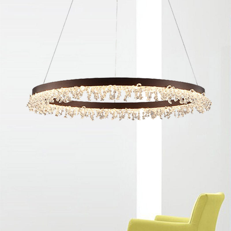 Simple Style Crystal Beaded Brown LED Chandelier Ring Pendant Light Kit, 16"/23.5" Wide